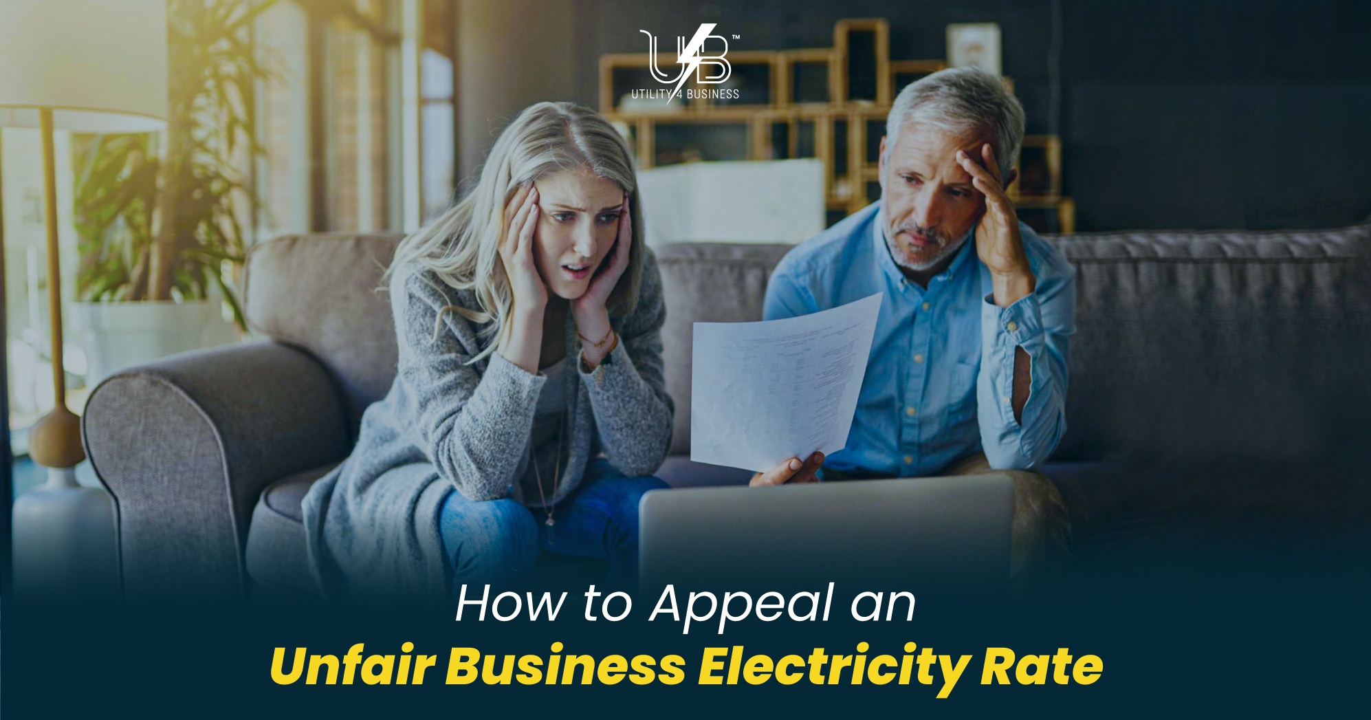 Unfair business electricity rate dispute with stressed business owners reviewing overcharged utility bill on their laptop.